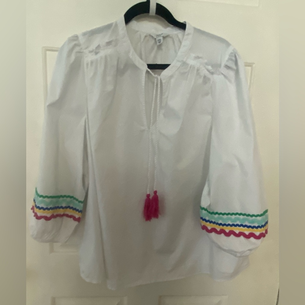 Crown & Ivy White Blouse with Colorful Trim